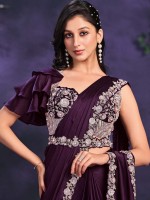 Deep Violet Crepe Satin Silk Ready To Wear Saree